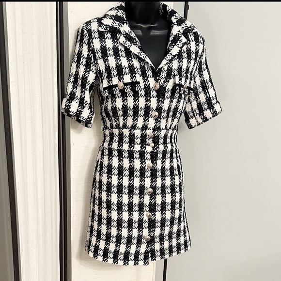 Maje Ricky Tweed Black White Houndstooth Mini Collar Shirt Mini Dress 36 - Picture 6 of 15